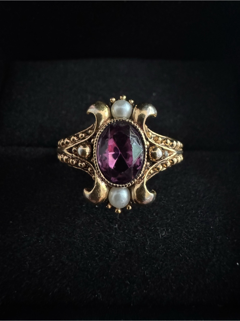 Vintage Avon Gold-Tone Ring with Purple Stone and Pearl Accents